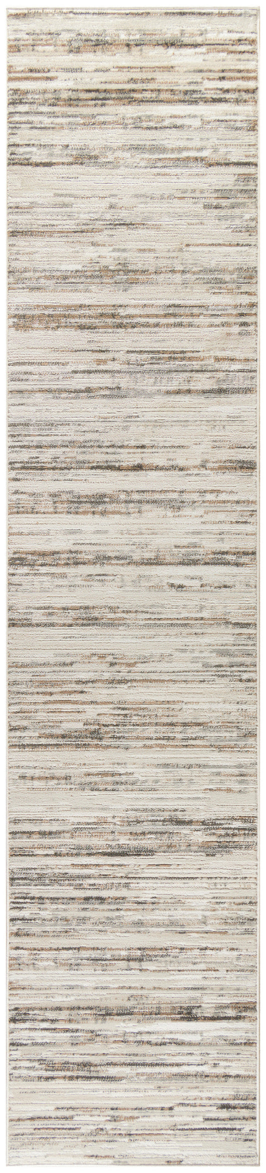 Neutral-toned abstract striped runner rug with beige, taupe and gray, distressed brushstroke pattern.