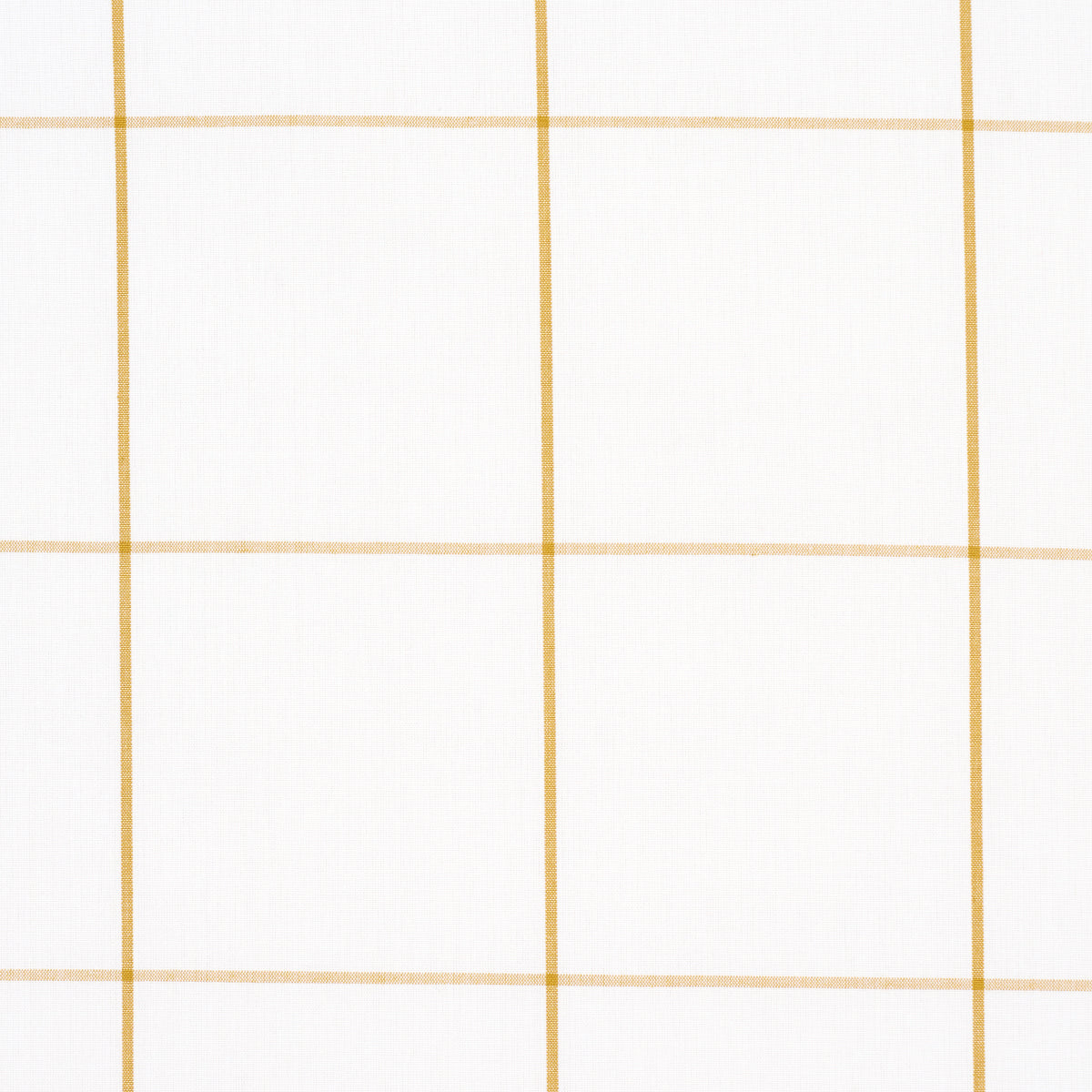 White fabric with gold grid pattern; thin metallic gold lines form large squares, modern textile for tablecloth or curtains.