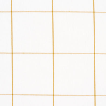 White fabric with gold grid pattern; thin metallic gold lines form large squares, modern textile for tablecloth or curtains.