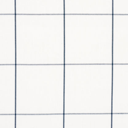 Indigo check pattern woven fabric on a white background; minimalist textile suitable for curtains, shirts, or upholstery.