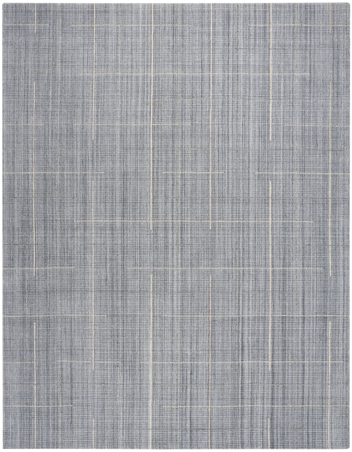 Grey woven rug with subtle beige grid lines; rectangular, modern textured area rug for living room.