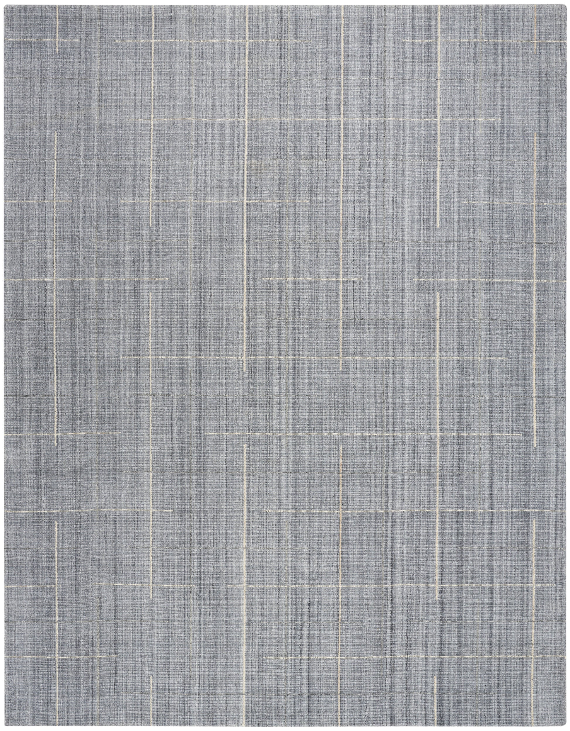 Grey woven rug with subtle beige grid lines; rectangular, modern textured area rug for living room.