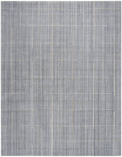 Grey woven rug with subtle beige grid lines; rectangular, modern textured area rug for living room.