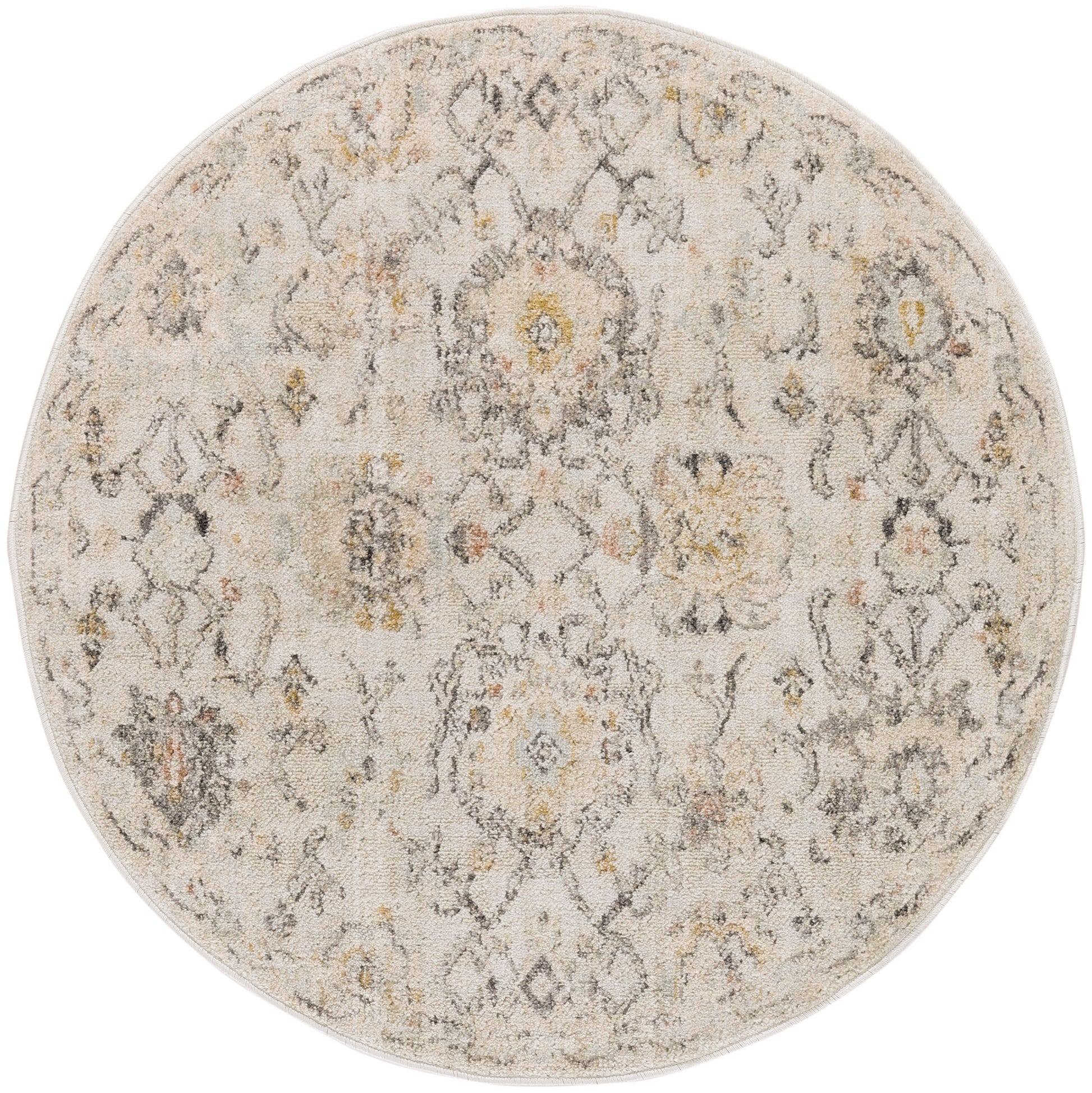 Round beige rug with a distressed traditional oriental motif in gray and subtle yellow.