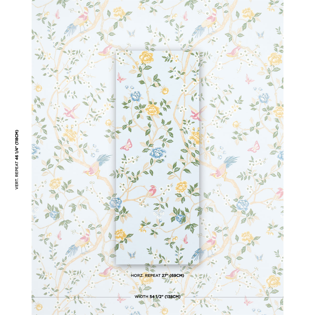Pastel floral bird wallpaper on a sample sheet; yellow, pink and blue flowers with green leaves and perched birds.