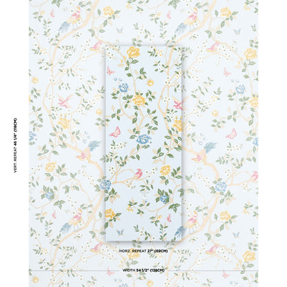 Pastel floral bird wallpaper on a sample sheet; yellow, pink and blue flowers with green leaves and perched birds.