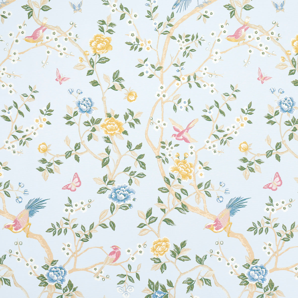 Pastel wallpaper pattern with pale branches, yellow and blue flowers, green leaves, and pink birds and butterflies.