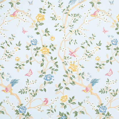 Pastel wallpaper pattern with pale branches, yellow and blue flowers, green leaves, and pink birds and butterflies.
