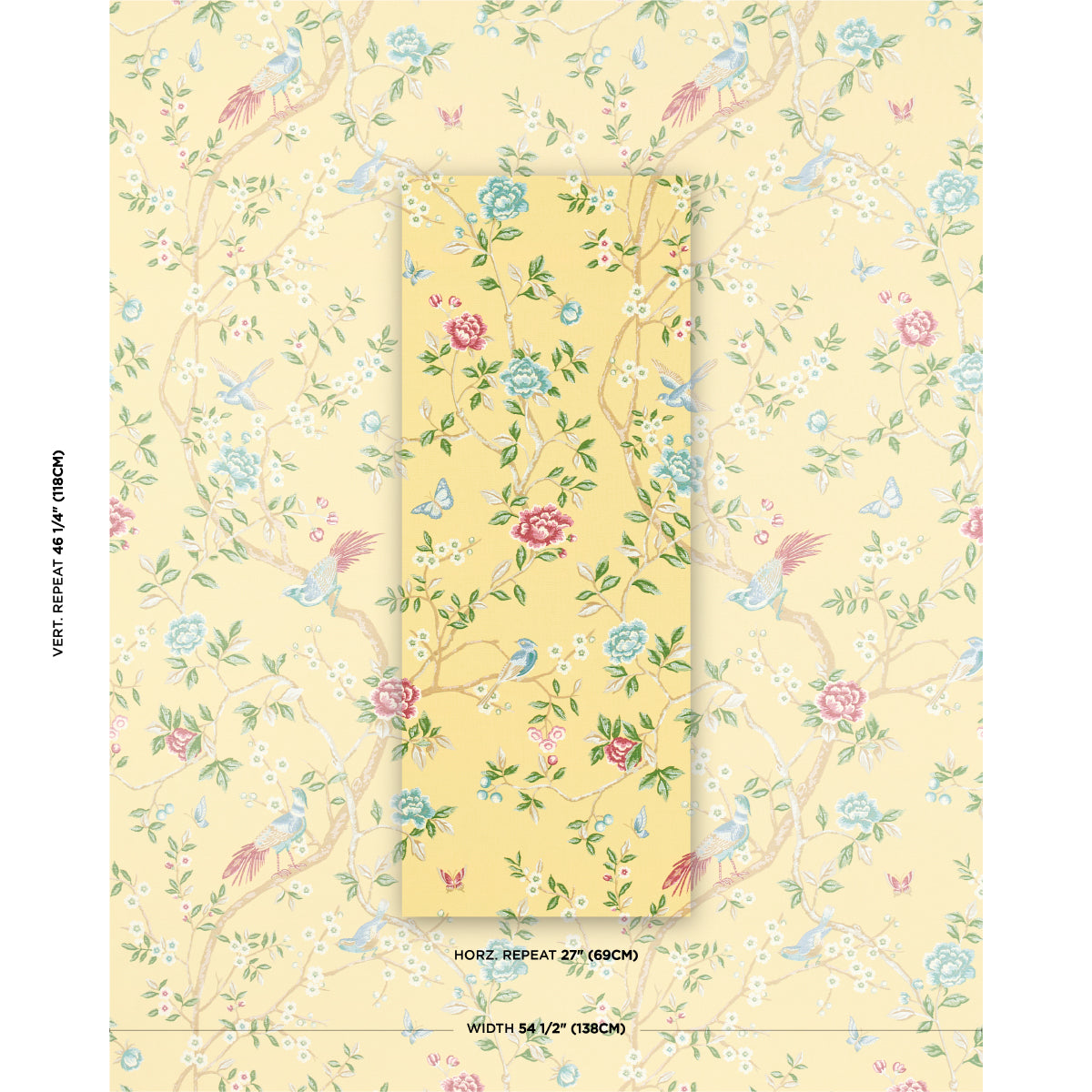 Cream-yellow wallpaper featuring pastel florals & blue birds; pink roses, green vines, rolled sample displayed at center.