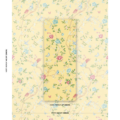 Cream-yellow wallpaper featuring pastel florals & blue birds; pink roses, green vines, rolled sample displayed at center.
