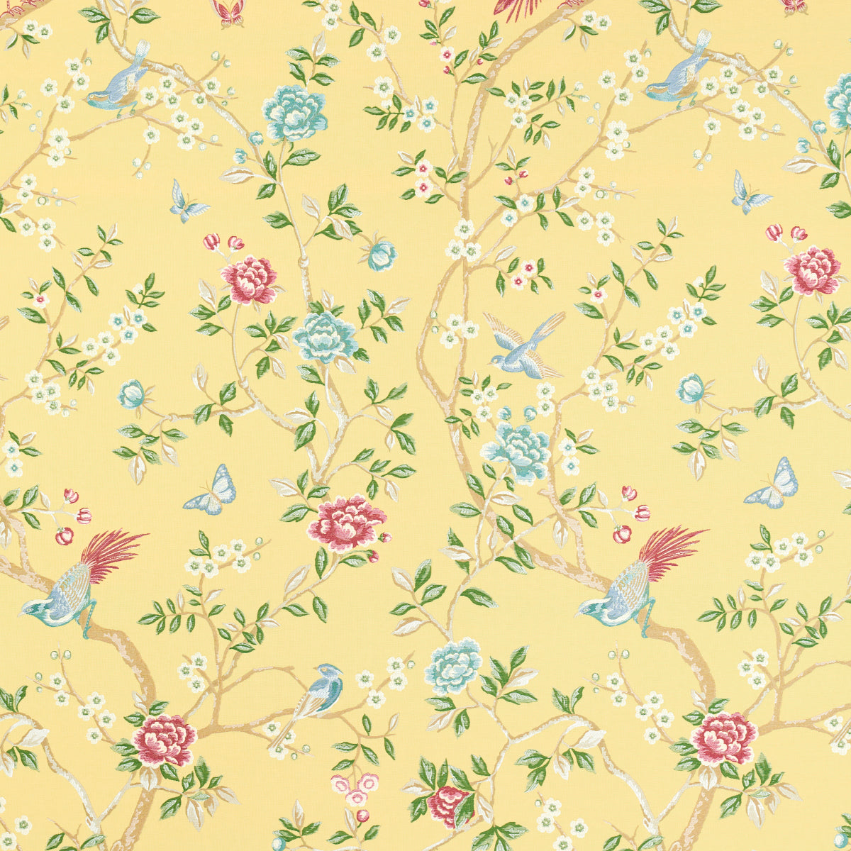 Pastel yellow wallpaper with delicate vines, pink and blue blooms, white blossoms, green leaves, and tiny blue birds.