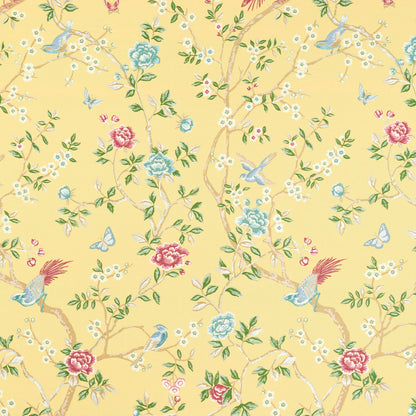 Pastel yellow wallpaper with delicate vines, pink and blue blooms, white blossoms, green leaves, and tiny blue birds.