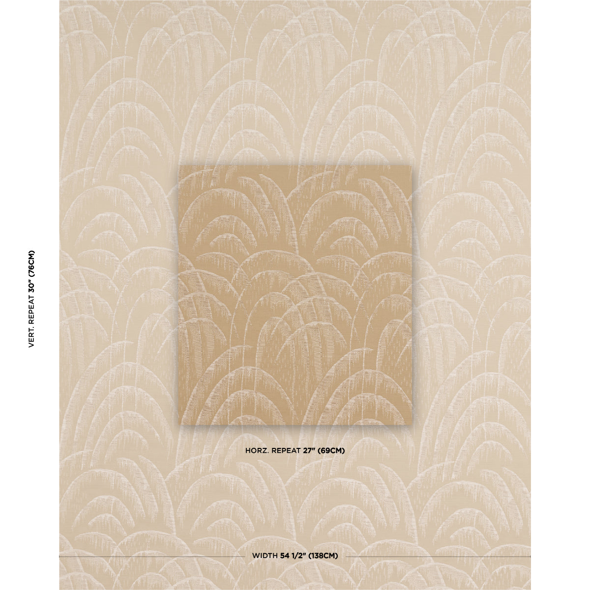 Beige wallpaper with cream scalloped arc pattern; textured, repeating design with a centered square panel.