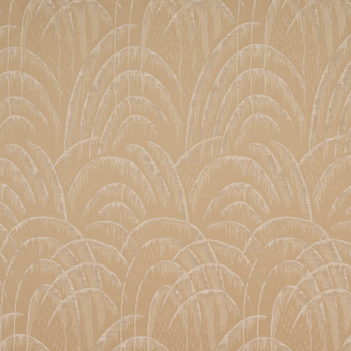Beige wallpaper with repeating cream scallop arches in a soft Art Deco-inspired pattern.