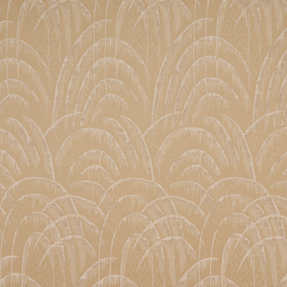 Beige wallpaper with repeating cream scallop arches in a soft Art Deco-inspired pattern.