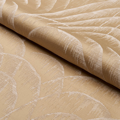 Beige jacquard fabric with a subtle leaf motif; textured weave for drapery or upholstery.