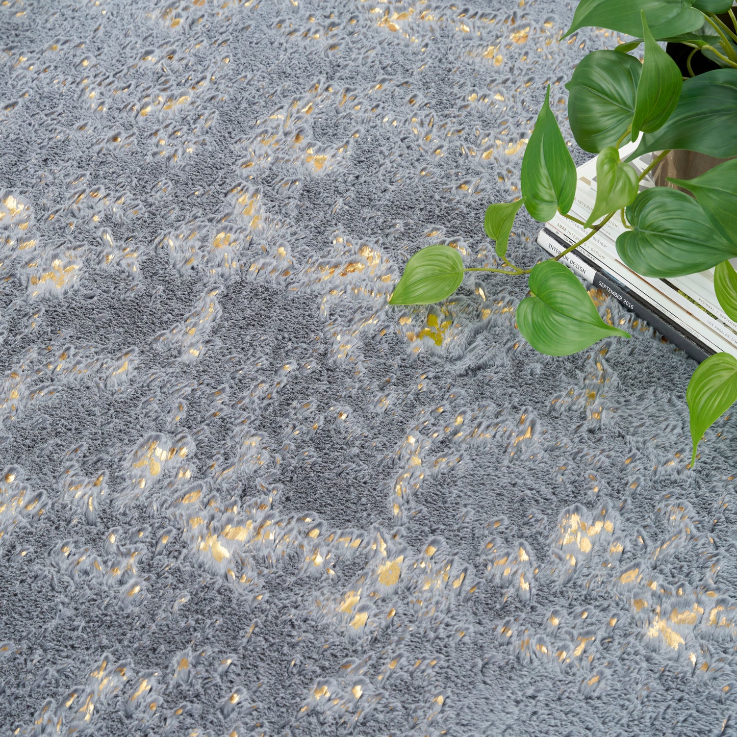 Soft gray shag rug with gold flecks; vibrant green pothos trailing over a stack of books.