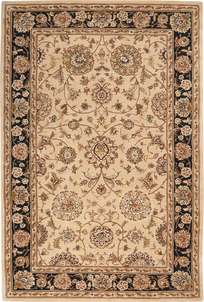 Cream field oriental rug with brown floral medallions and a dark border; Persian-style decorative area rug.