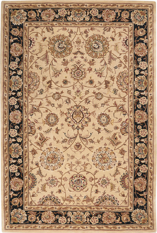 Cream field oriental rug with brown floral medallions and a dark border; Persian-style decorative area rug.