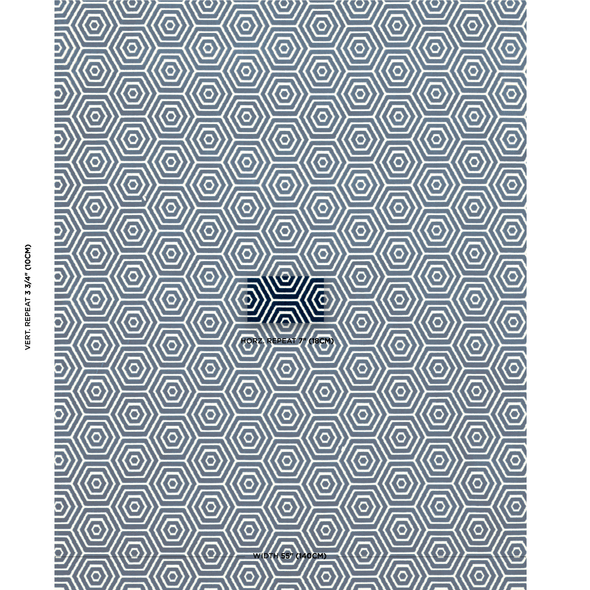 Blue-grey hexagonal honeycomb geometric pattern; repeating design for wallpaper or fabric.
