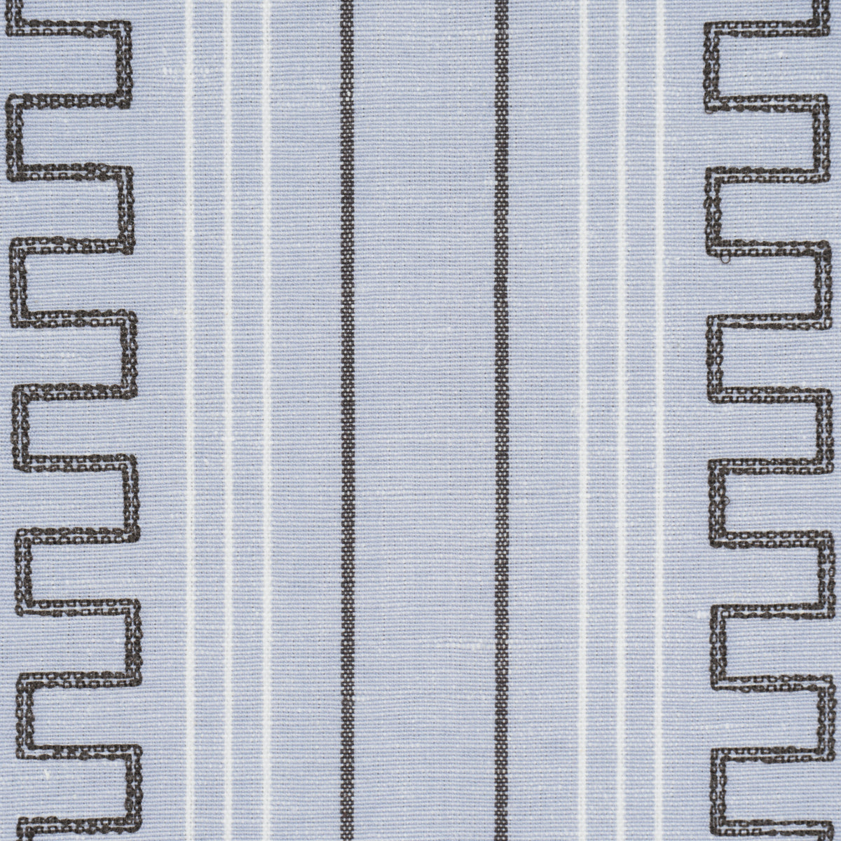 Light blue fabric with a central dark blue vertical stripe flanked by thin pinstripes, edged by navy stepped borders.