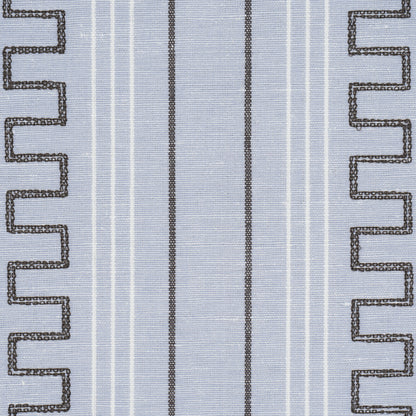 Light blue fabric with a central dark blue vertical stripe flanked by thin pinstripes, edged by navy stepped borders.