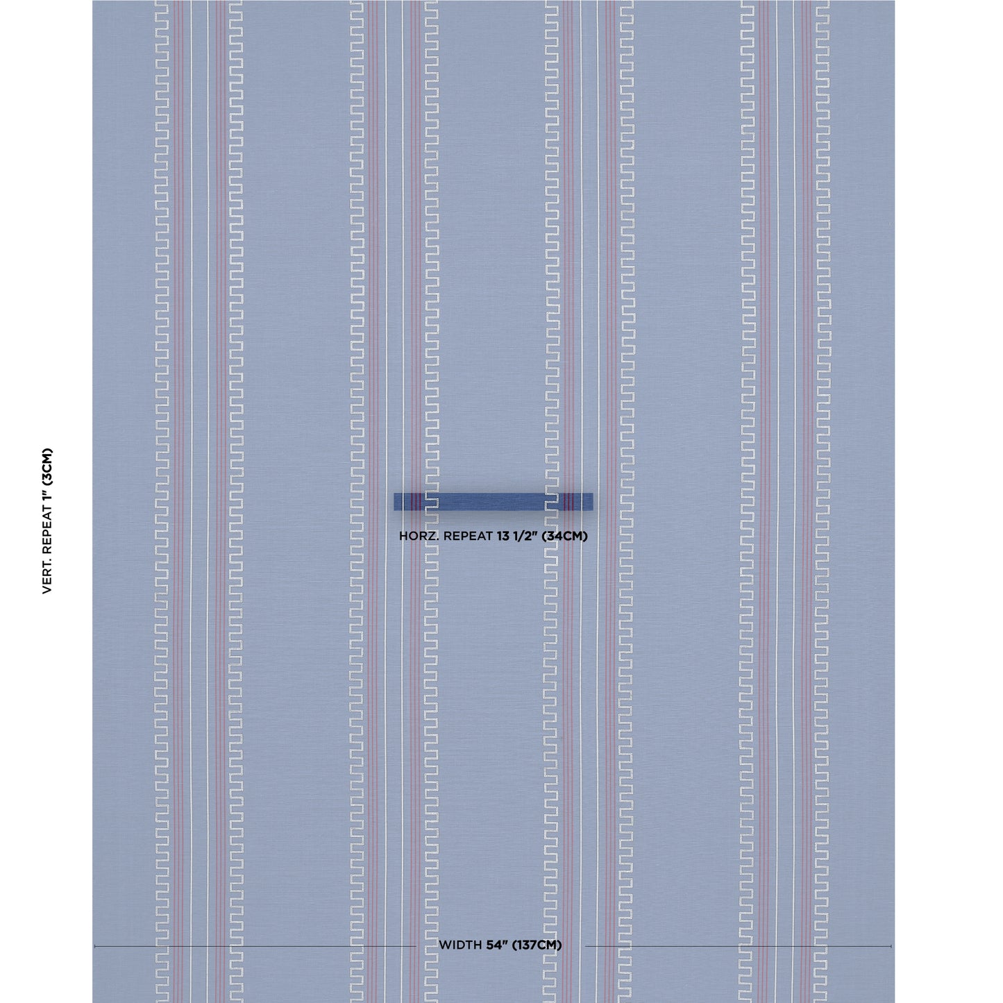 Blue fabric with vertical zipper stripe patterns in pale pink and white; modern textile for upholstery or apparel.
