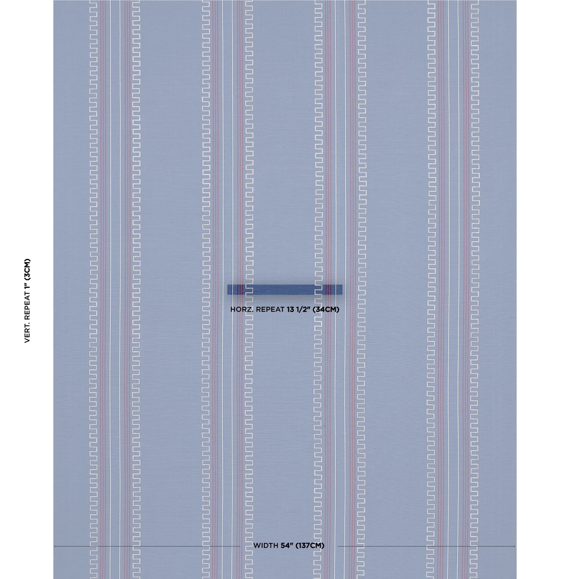 Blue fabric with vertical zipper stripe patterns in pale pink and white; modern textile for upholstery or apparel.