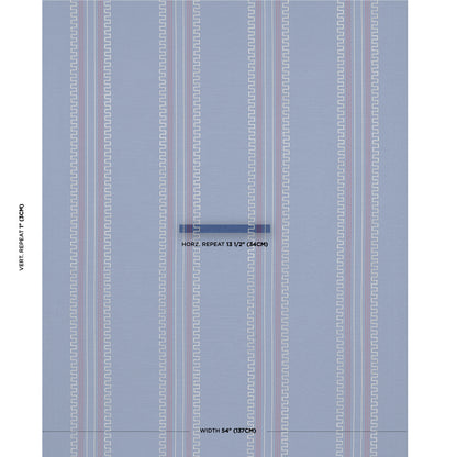 Blue fabric with vertical zipper stripe patterns in pale pink and white; modern textile for upholstery or apparel.