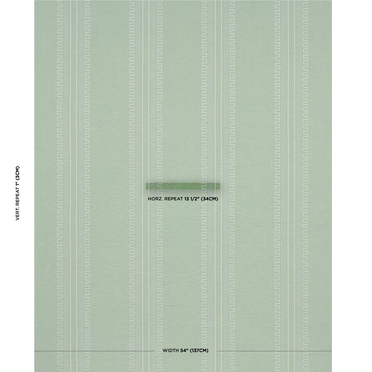 Soft sage green wallpaper with vertical white stripes and subtle texture; sample sheet with repeat and width notes.