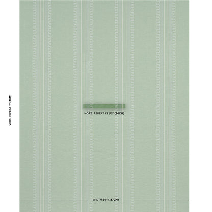 Soft sage green wallpaper with vertical white stripes and subtle texture; sample sheet with repeat and width notes.