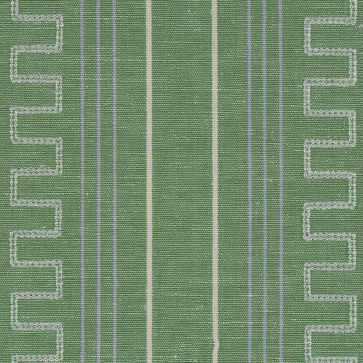 Olive green woven textile with central cream vertical stripes, pale blue accents, and gray zigzag borders along sides.