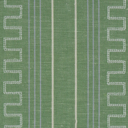 Olive green woven textile with central cream vertical stripes, pale blue accents, and gray zigzag borders along sides.