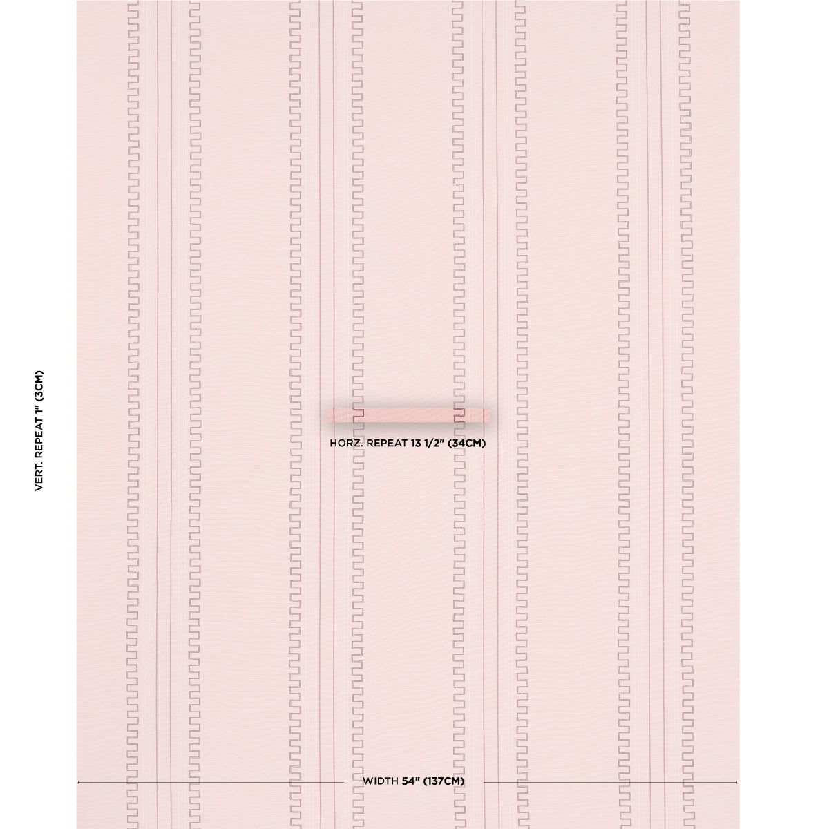 Soft pink fabric with vertical zipper-track motif in a slightly darker pink, repeating columns for sewing or upholstery.