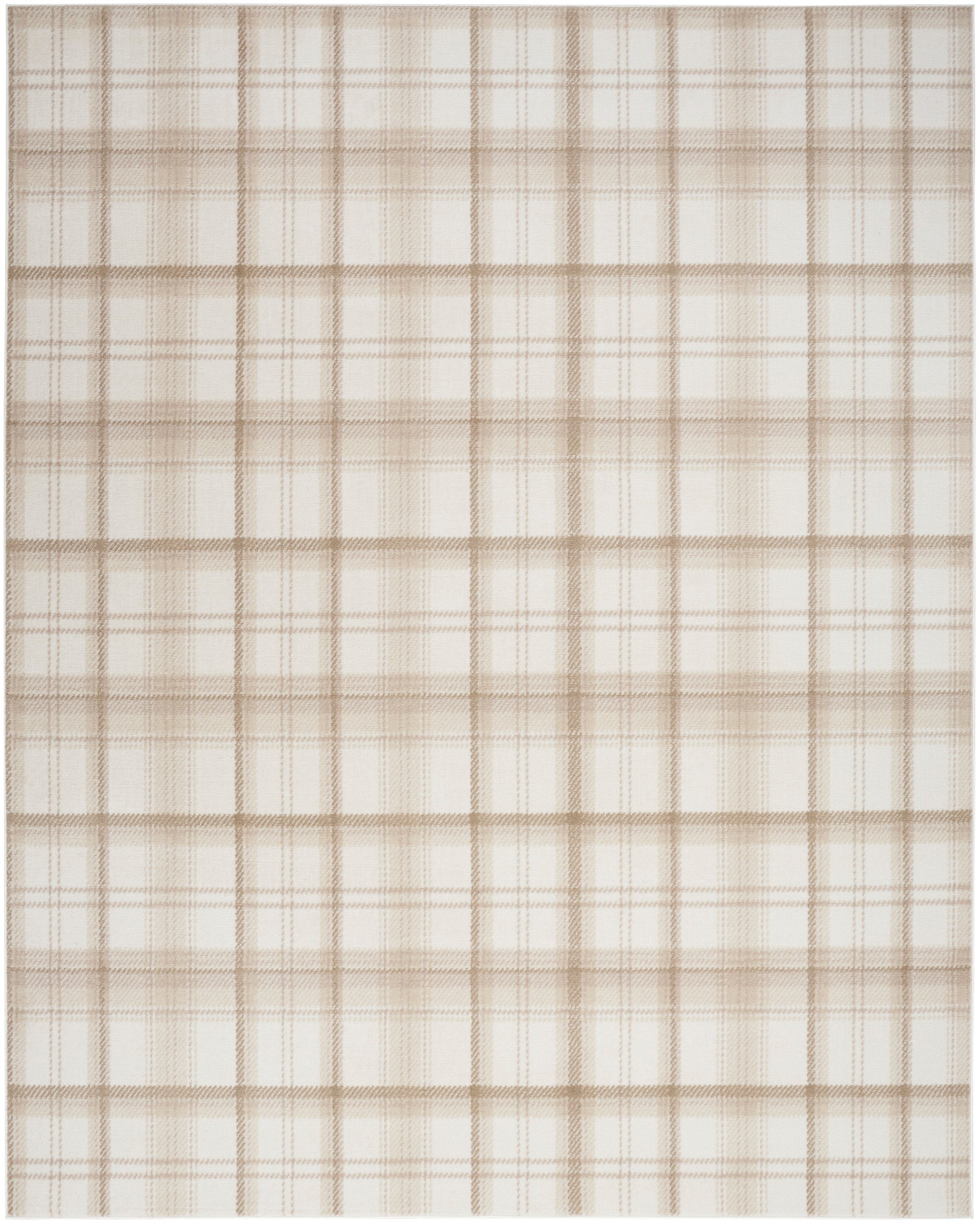 Beige plaid fabric with brown gridlines, lightweight woven material for shirts or home textiles.