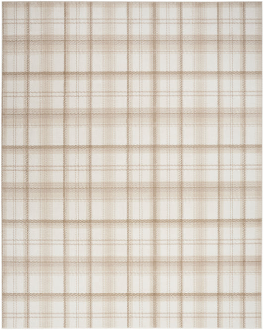 Beige plaid fabric with brown gridlines, lightweight woven material for shirts or home textiles.