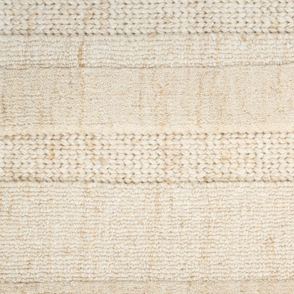 Beige woven rug with textured stripe panels and braided band detailing; natural jute-like fibers for neutral floor decor.