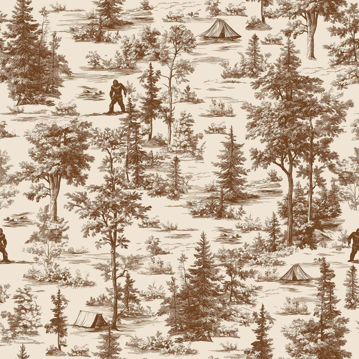 Veer Decor Bigfoot Novelty Toile peel-and-stick wallpaper — whimsical forest scenes with hidden Sasquatch, rustic brown tones, easy removable vinyl wallcovering.