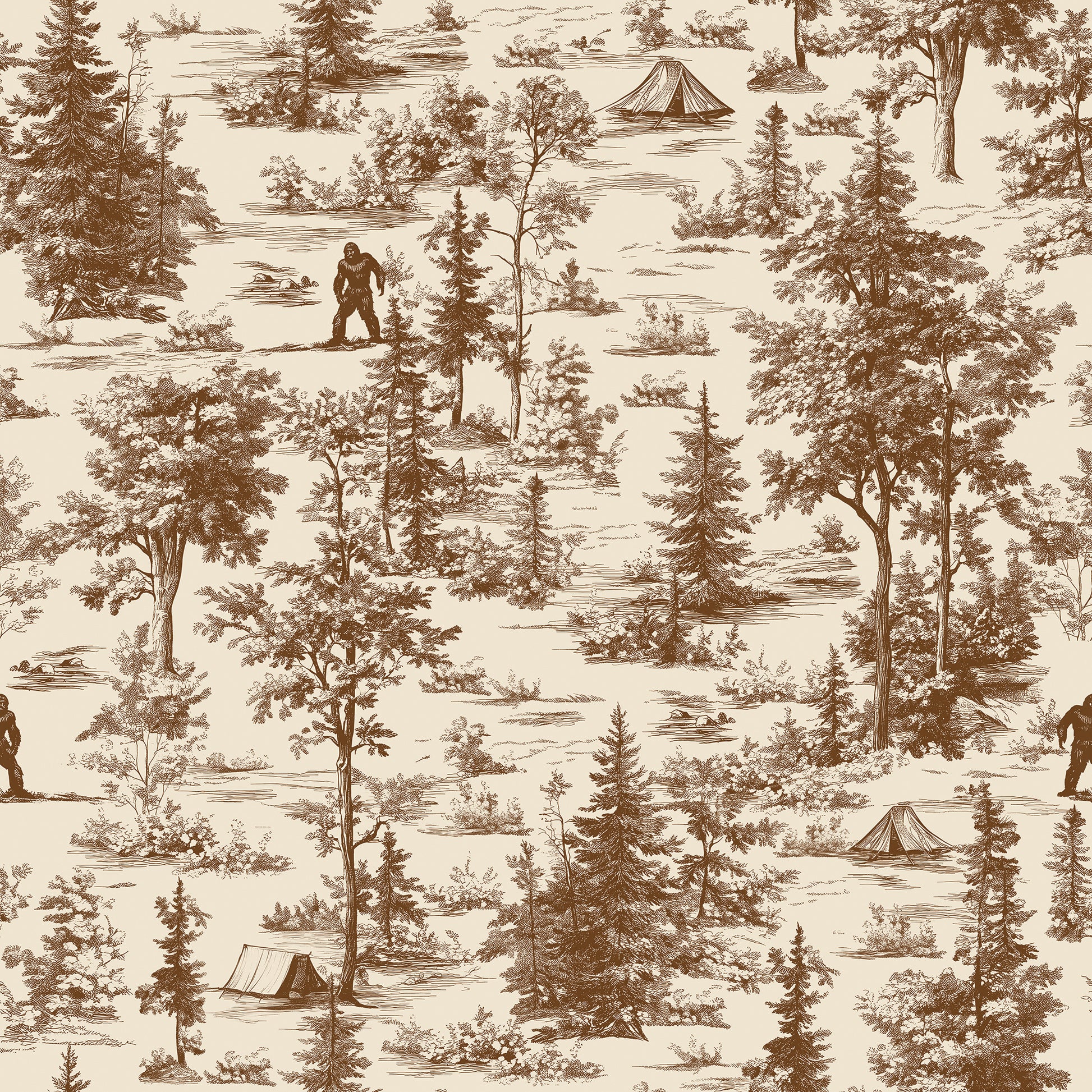 Veer Decor Bigfoot Novelty Toile peel-and-stick wallpaper — whimsical forest scenes with hidden Sasquatch, rustic brown tones, easy removable vinyl wallcovering.