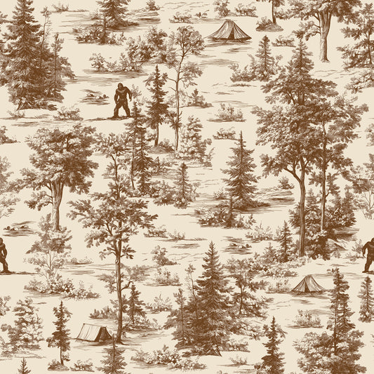 Veer Decor Bigfoot Novelty Toile peel-and-stick wallpaper — whimsical forest scenes with hidden Sasquatch, rustic brown tones, easy removable vinyl wallcovering.