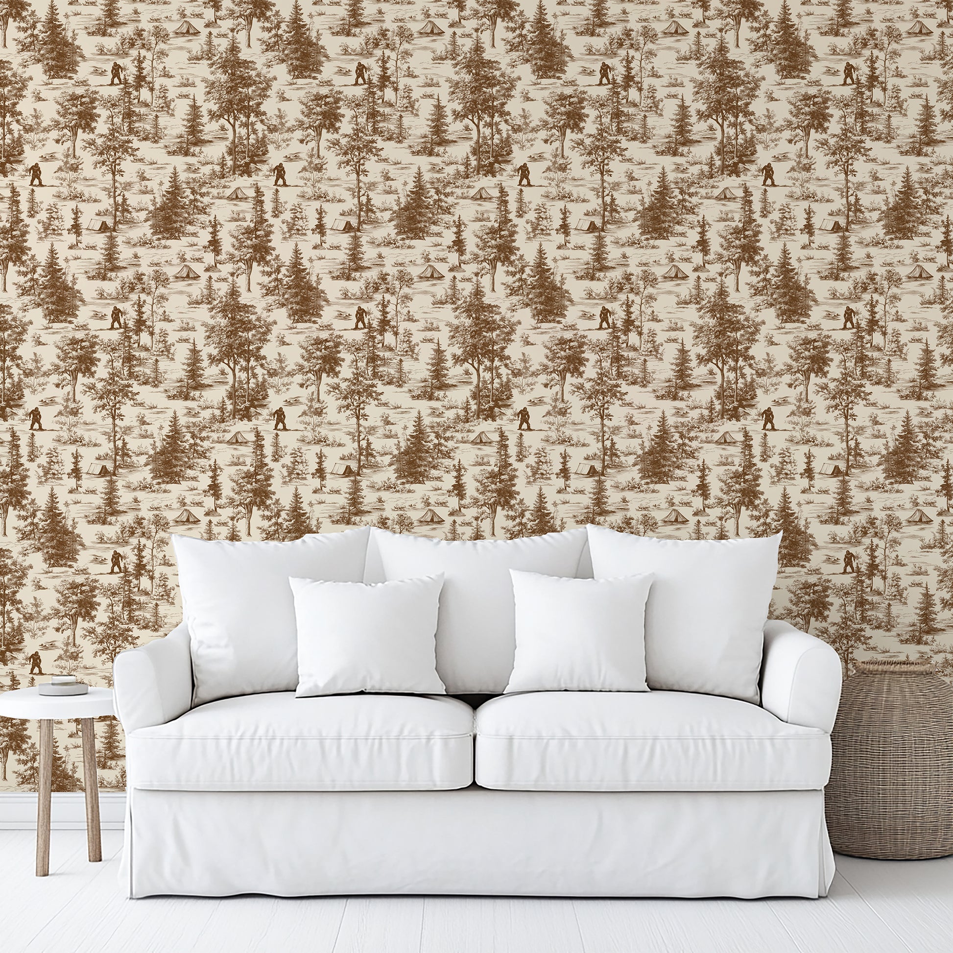 Veer Decor Bigfoot Novelty Toile peel-and-stick wallpaper — whimsical forest scenes with hidden Sasquatch, rustic brown tones, easy removable vinyl wallcovering.
