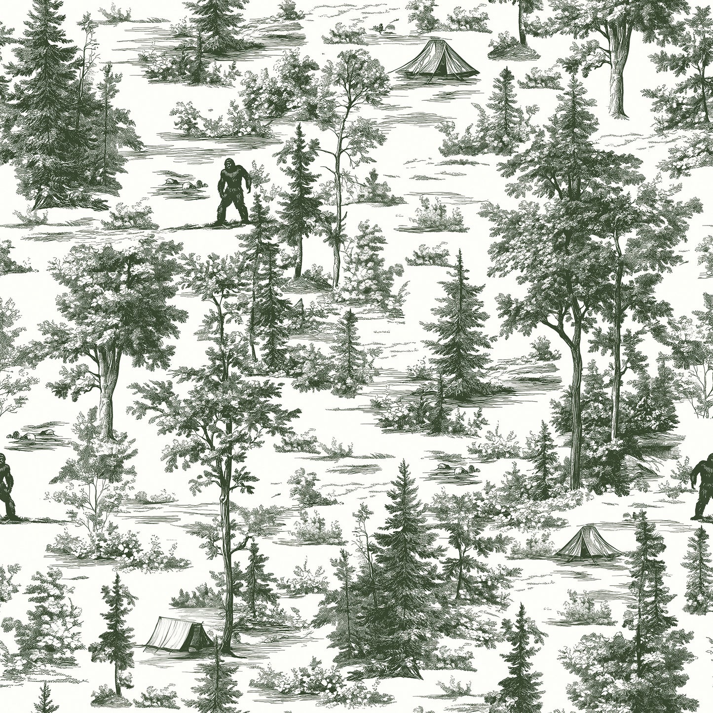 Dark green Bigfoot toile pattern with trees, tents, & hikers on a white background; wallpaper.