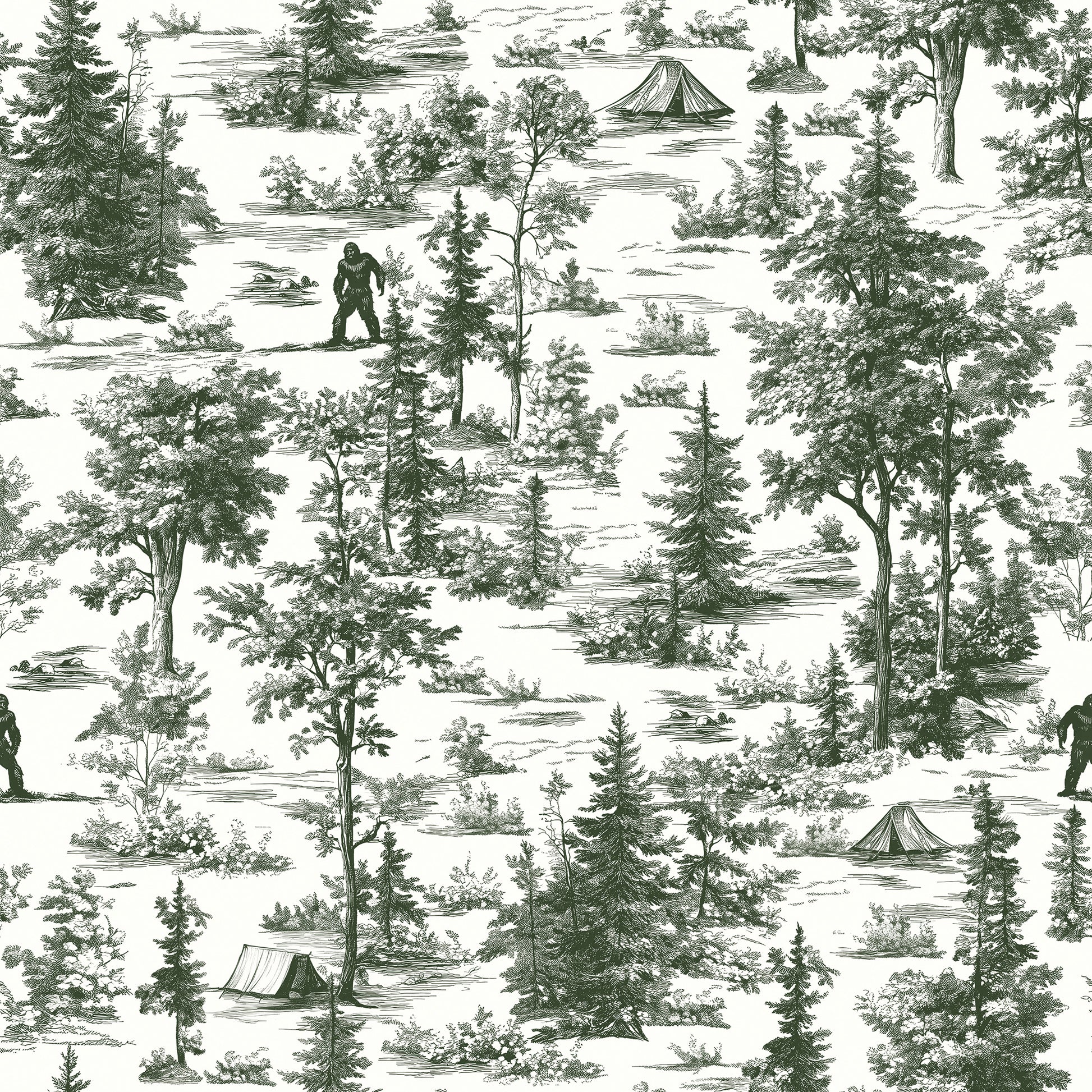 Dark green Bigfoot toile pattern with trees, tents, & hikers on a white background; wallpaper.