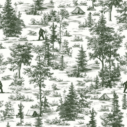 Dark green Bigfoot toile pattern with trees, tents, & hikers on a white background; wallpaper.