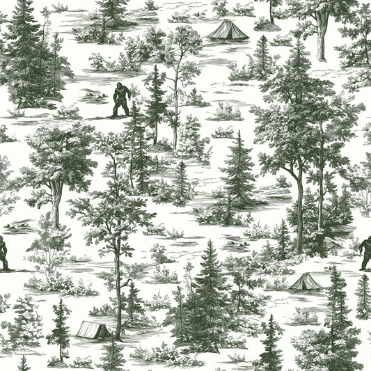 Veer Decor Bigfoot Novelty Toile Green Peel and Stick Wallpaper Landscape, Novelty, Patterns Transitional, Traditional, Novelty Sage  Wallpaper - 8335-AB2