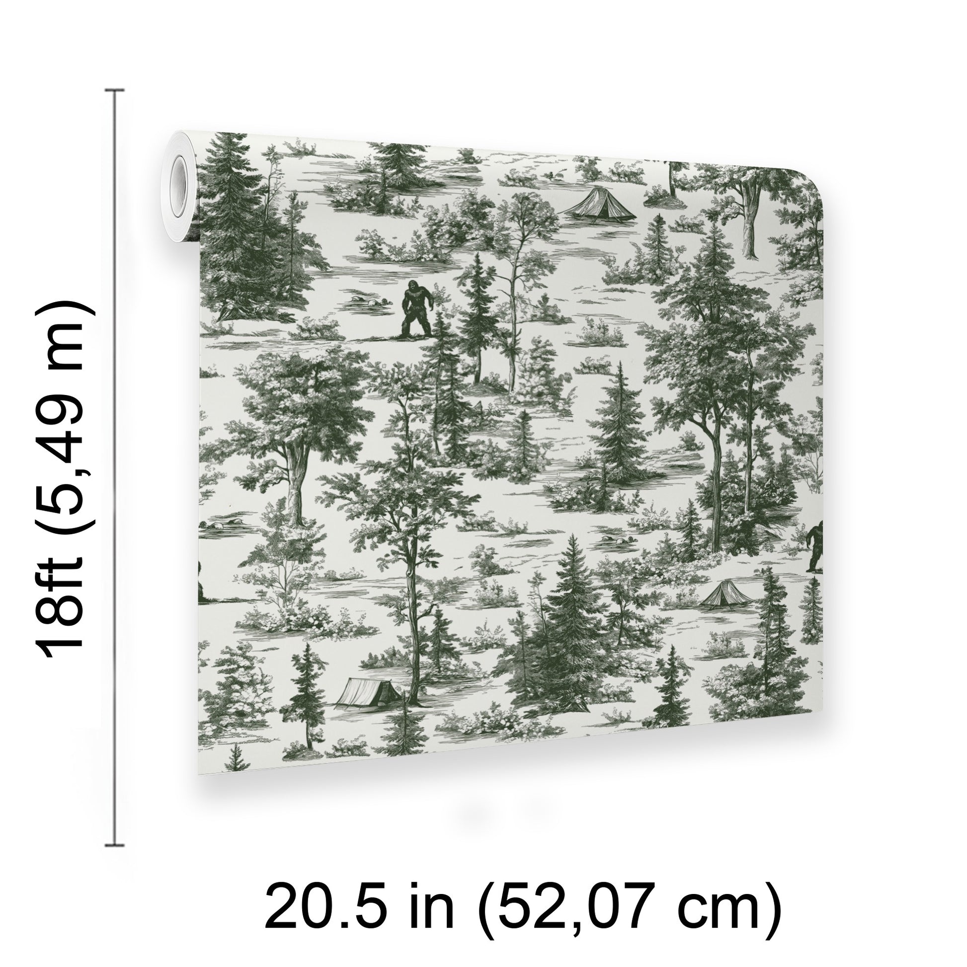 Wallpaper roll with forest toile pattern in dark green on ivory, featuring trees, tents and campers; vintage woodland decor.