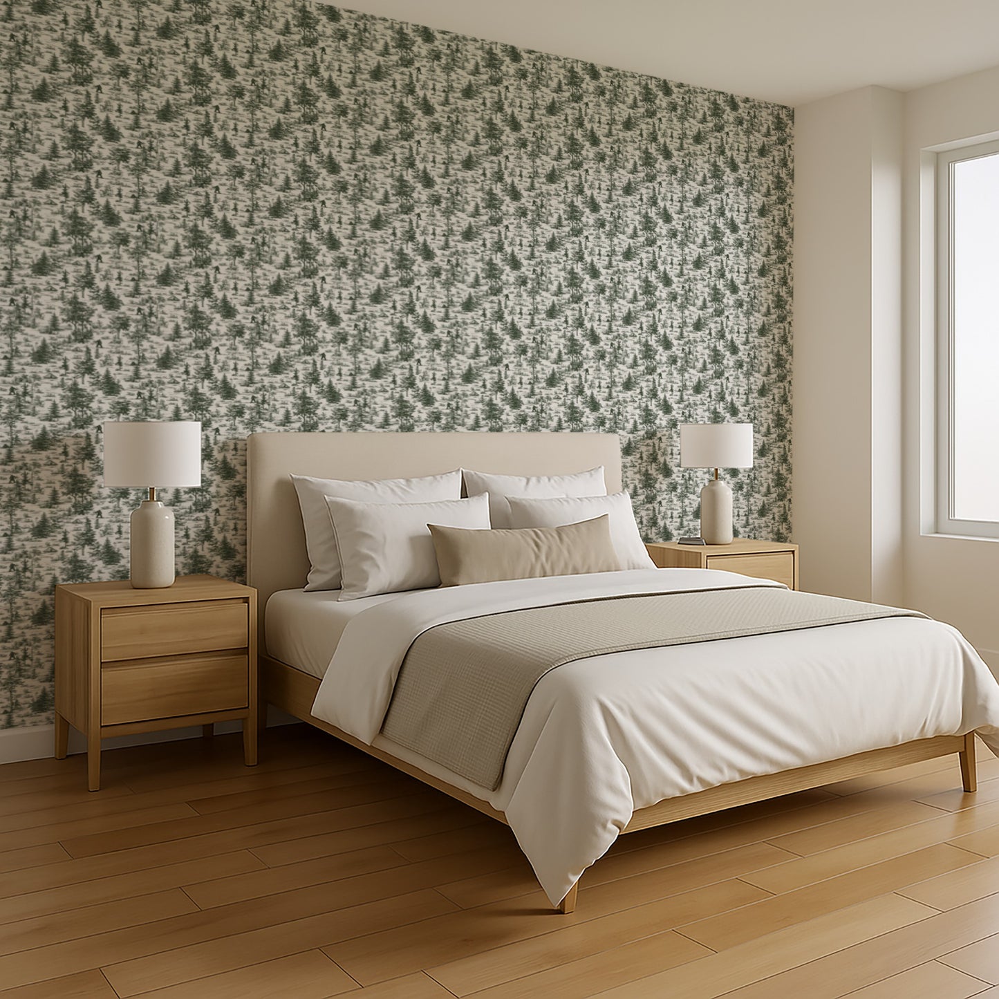Green leafy peel-and-stick wallpaper on an accent wall; light wood bedroom furniture visible.