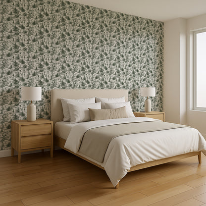 Green leafy peel-and-stick wallpaper on an accent wall; light wood bedroom furniture visible.