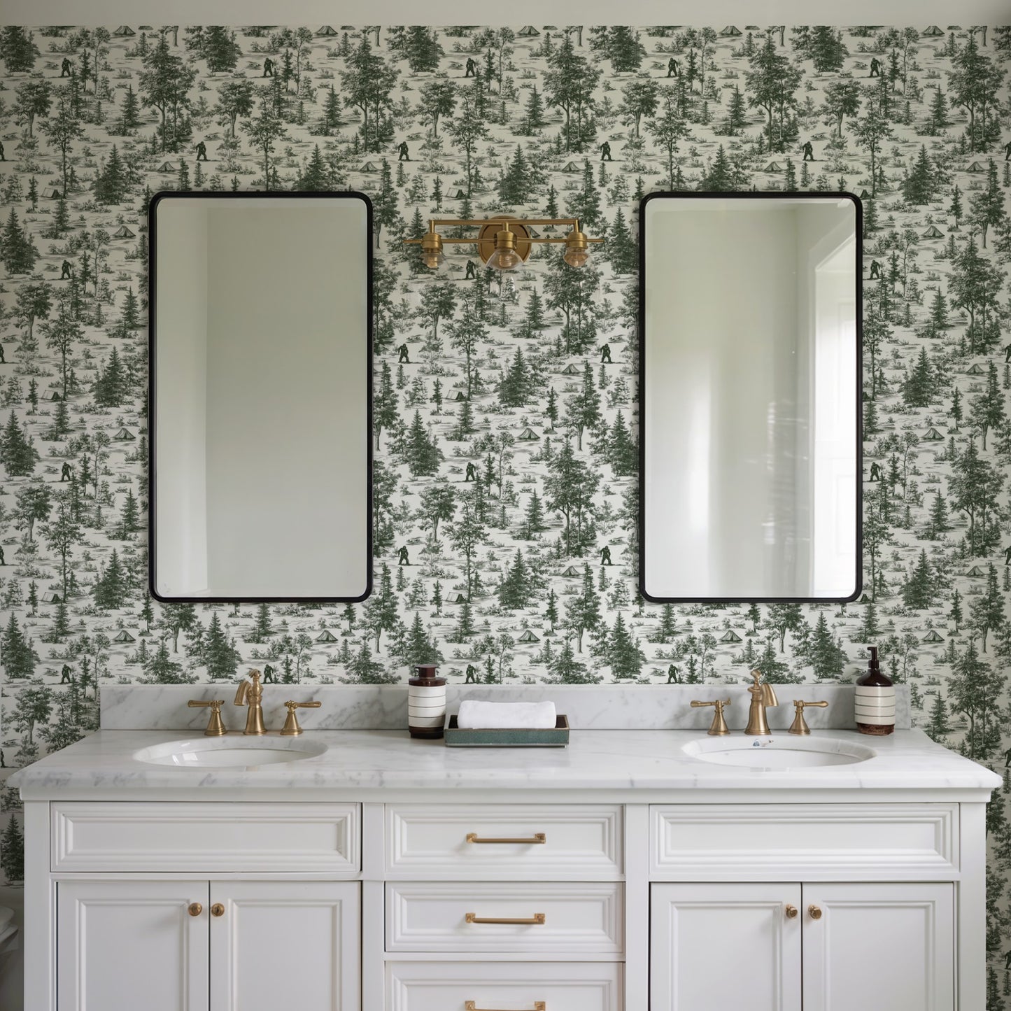 Green toile wallpaper with a landscape/forest motif, peel-and-stick.