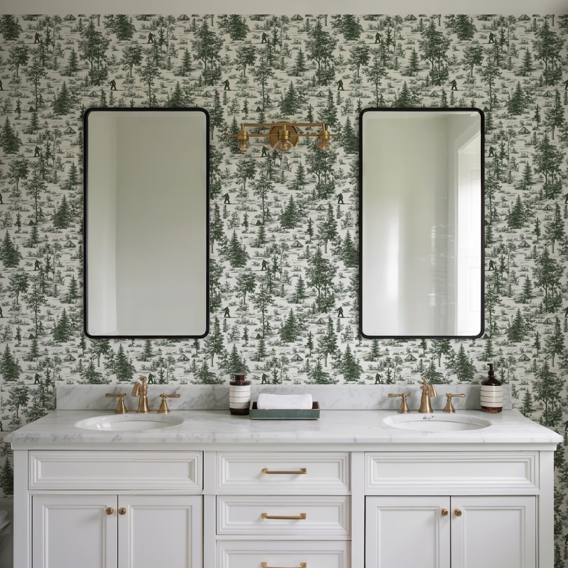 Green toile wallpaper with a landscape/forest motif, peel-and-stick.